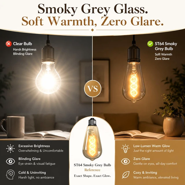 Alt view image 3 of 6 - ST64 LED Edison Bulbs, Smoky Grey, 4W 150 Lumens, 2300K E26 Base 6 Pack