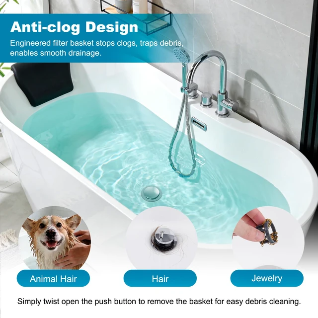Alt view image 7 of 7 - 2 Pack 3 in 1 Metal Bathtub Drain Stopper, Bathtub Hair Catcher Universal Pop Up Tub Stopper, Removable & Anti-Clogging Filter Basket, Fit 1.5''-2.4'' Drain, Brass Bullet Core, Chrome