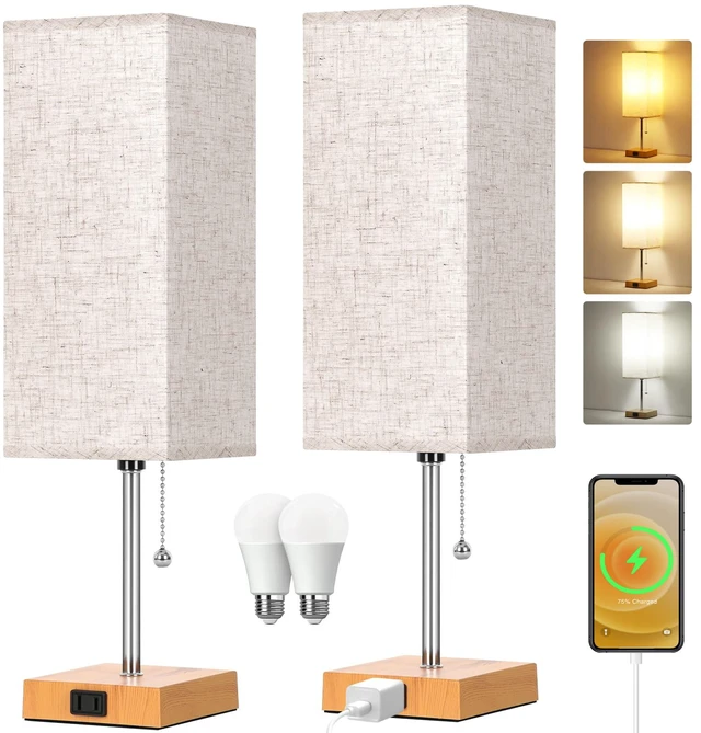 Main image of 18'' Table Lamp for Bedroom set of 2,3-Color Bedside Lamps with Pull Chain Table Lamps for Nightstand with AC Outlets,Night Light Lamps with 2 Bulbs Lamps for Living Room Kids Room Office DecorWood