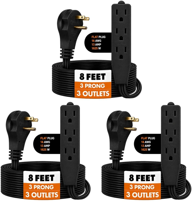 Main image of Flat Plug Extension Cord 8 FT Black 3 Outlet 3 Prong Grounded Indoor Extension Cord Low Profile Wall Hugger Angled Plug 16/3 Heavy Duty Power Cord 13A 125V for Office Dorm (3 Pack)
