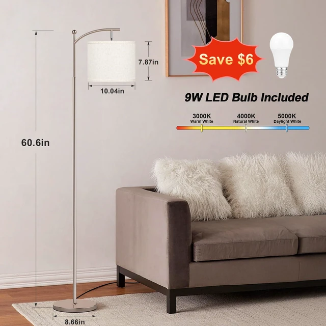 Alt view image 2 of 7 - 60" Floor Lamp for Living Room with 3 Color Temperatures, Adjustable Beige Shade with Light Gold Pole, Tall Lamp for Bedroom Office Classroom Dorm Room, 9W Bulb Included