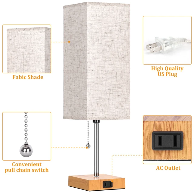 Alt view image 3 of 7 - 18'' Table Lamp for Bedroom set of 2,3-Color Bedside Lamps with Pull Chain Table Lamps for Nightstand with AC Outlets,Night Light Lamps with 2 Bulbs Lamps for Living Room Kids Room Office DecorWood