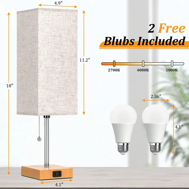 Alt view image 4 of 7 - 18'' Table Lamp for Bedroom set of 2,3-Color Bedside Lamps with Pull Chain Table Lamps for Nightstand with AC Outlets,Night Light Lamps with 2 Bulbs Lamps for Living Room Kids Room Office DecorWood