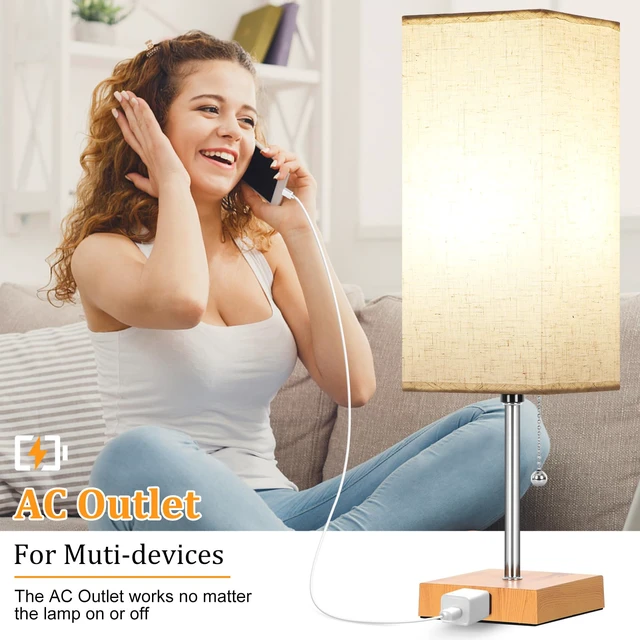 Alt view image 5 of 7 - 18'' Table Lamp for Bedroom set of 2,3-Color Bedside Lamps with Pull Chain Table Lamps for Nightstand with AC Outlets,Night Light Lamps with 2 Bulbs Lamps for Living Room Kids Room Office DecorWood