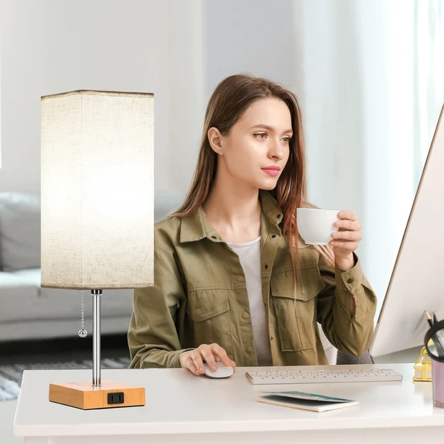 Alt view image 6 of 7 - 18'' Table Lamp for Bedroom set of 2,3-Color Bedside Lamps with Pull Chain Table Lamps for Nightstand with AC Outlets,Night Light Lamps with 2 Bulbs Lamps for Living Room Kids Room Office DecorWood