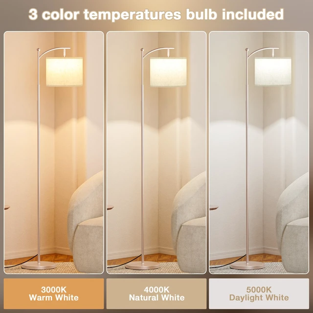 Alt view image 3 of 7 - 60" Floor Lamp for Living Room with 3 Color Temperatures, Adjustable Beige Shade with Light Gold Pole, Tall Lamp for Bedroom Office Classroom Dorm Room, 9W Bulb Included