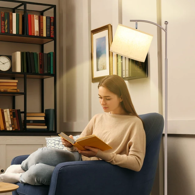 Alt view image 4 of 7 - 60" Floor Lamp for Living Room with 3 Color Temperatures, Adjustable Beige Shade with Light Gold Pole, Tall Lamp for Bedroom Office Classroom Dorm Room, 9W Bulb Included