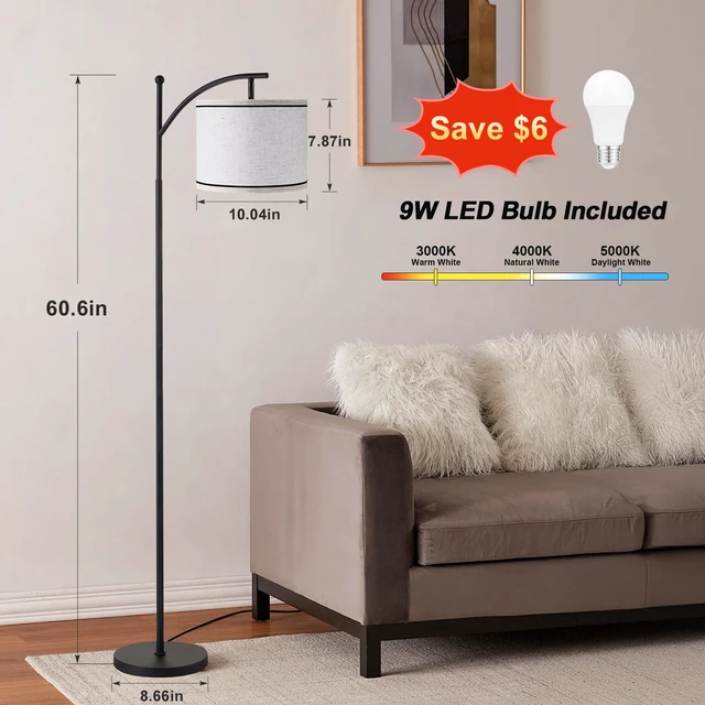 Alt view image 2 of 7 - 60" Floor Lamp for Living Room with 3 Color Temperatures, Beige Lampshade with Black Stripes, Tall Lamp for Bedroom Office, 9W Bulb Included