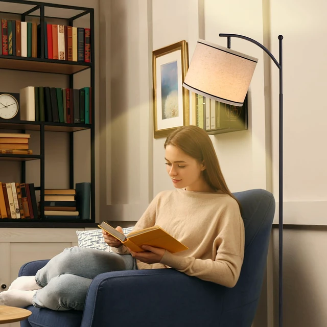 Alt view image 4 of 7 - 60" Floor Lamp for Living Room with 3 Color Temperatures, Beige Lampshade with Black Stripes, Tall Lamp for Bedroom Office, 9W Bulb Included