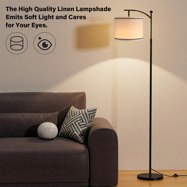 Alt view image 5 of 7 - 60" Floor Lamp for Living Room with 3 Color Temperatures, Beige Lampshade with Black Stripes, Tall Lamp for Bedroom Office, 9W Bulb Included