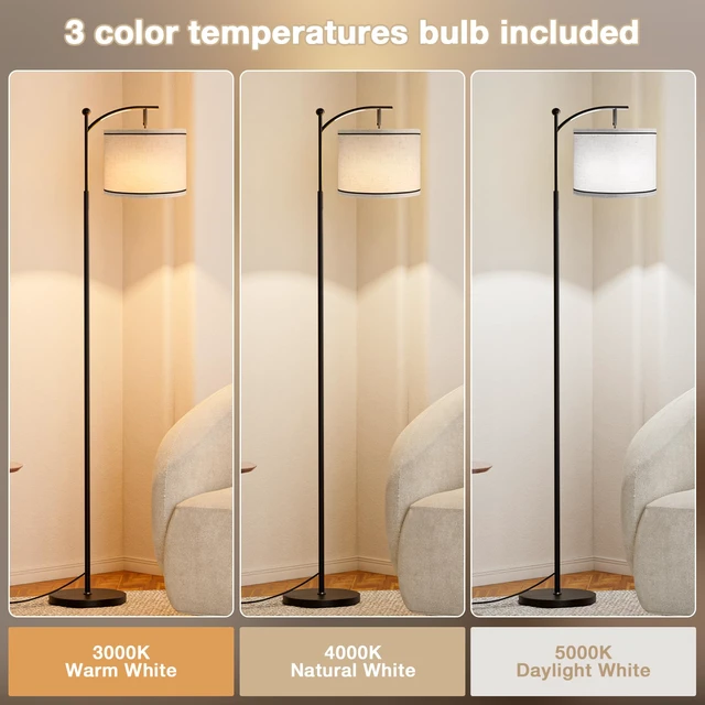 Alt view image 3 of 7 - 60" Floor Lamp for Living Room with 3 Color Temperatures, Beige Lampshade with Black Stripes, Tall Lamp for Bedroom Office, 9W Bulb Included