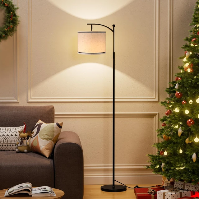 Alt view image 6 of 7 - 60" Floor Lamp for Living Room with 3 Color Temperatures, Beige Lampshade with Black Stripes, Tall Lamp for Bedroom Office, 9W Bulb Included