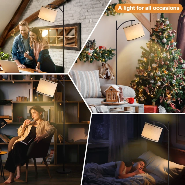 Alt view image 7 of 7 - 60" Floor Lamp for Living Room with 3 Color Temperatures, Beige Lampshade with Black Stripes, Tall Lamp for Bedroom Office, 9W Bulb Included