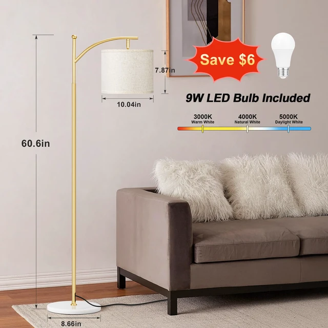 Alt view image 3 of 7 - 60" Floor Lamp for Living Room with 3 Color Temperatures, Gold Standing Lamp with White Marble Base, Modern Tall Lamp for Bedroom Office, 9W LED Bulb Included