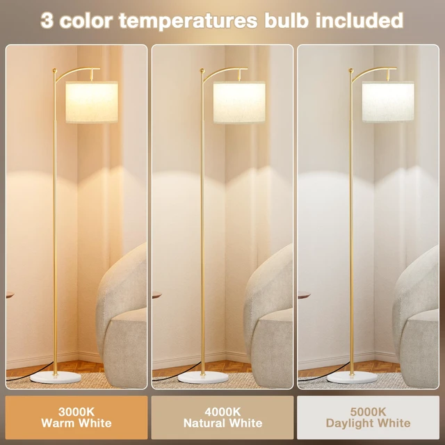 Alt view image 4 of 7 - 60" Floor Lamp for Living Room with 3 Color Temperatures, Gold Standing Lamp with White Marble Base, Modern Tall Lamp for Bedroom Office, 9W LED Bulb Included