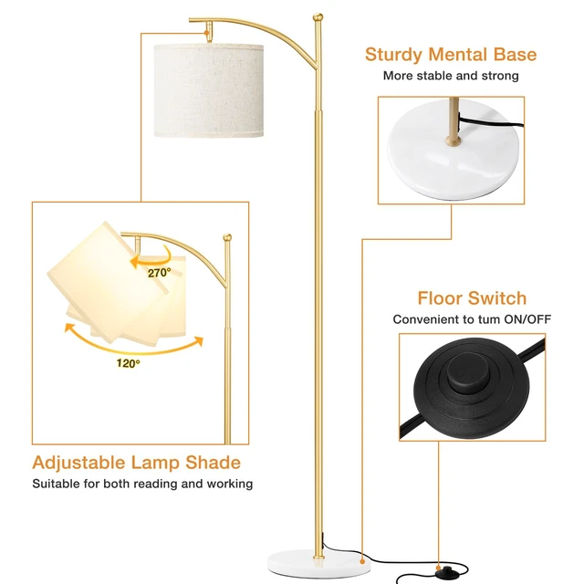 Alt view image 7 of 7 - 60" Floor Lamp for Living Room with 3 Color Temperatures, Gold Standing Lamp with White Marble Base, Modern Tall Lamp for Bedroom Office, 9W LED Bulb Included