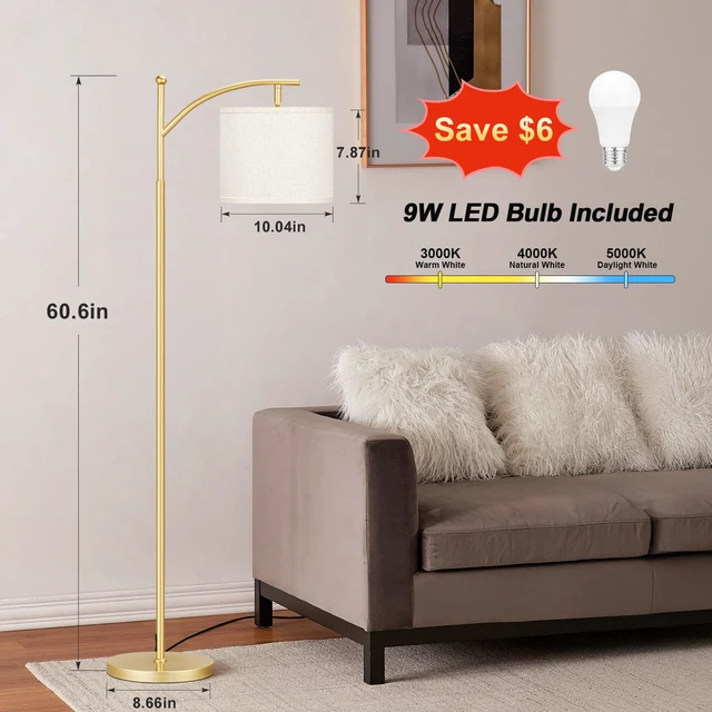 Alt view image 2 of 7 - 60" Floor Lamp with 3 Color Temperatures, Adjustable Beige Shade, Gold Pole - Tall Lamp for Living Room, Bedroom, Office, Classroom, Dorm - 9W Bulb Included