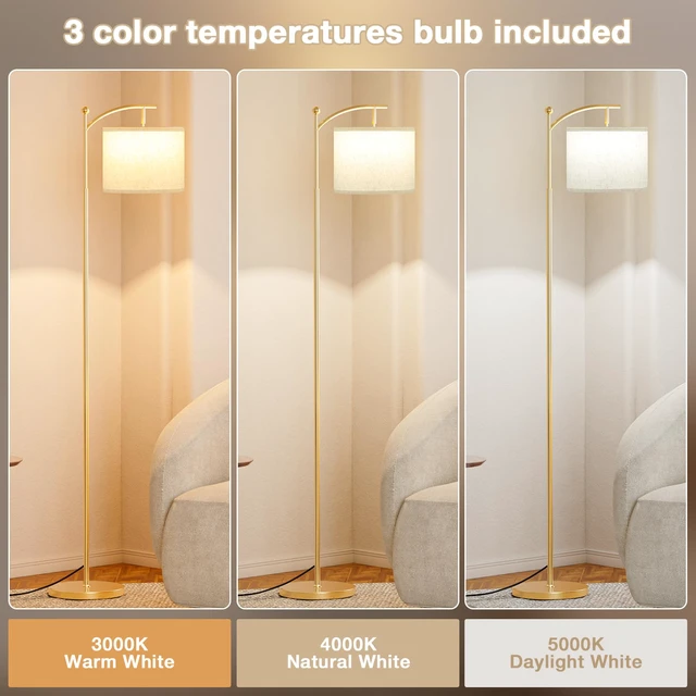 Alt view image 3 of 7 - 60" Floor Lamp with 3 Color Temperatures, Adjustable Beige Shade, Gold Pole - Tall Lamp for Living Room, Bedroom, Office, Classroom, Dorm - 9W Bulb Included