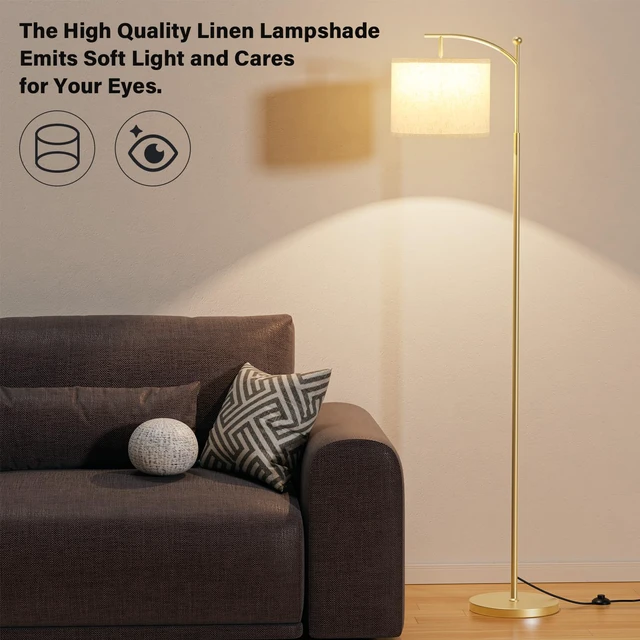 Alt view image 6 of 7 - 60" Floor Lamp with 3 Color Temperatures, Adjustable Beige Shade, Gold Pole - Tall Lamp for Living Room, Bedroom, Office, Classroom, Dorm - 9W Bulb Included