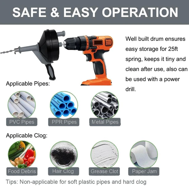 Alt view image 7 of 7 - Drain Auger, Clog Remover with Drill Adapter, 25 Feet Flexible Plumbing Snake Use Manually or Powered for Kitchen,Bathrom and Shower Sink, Comes with Gloves(Gray)
