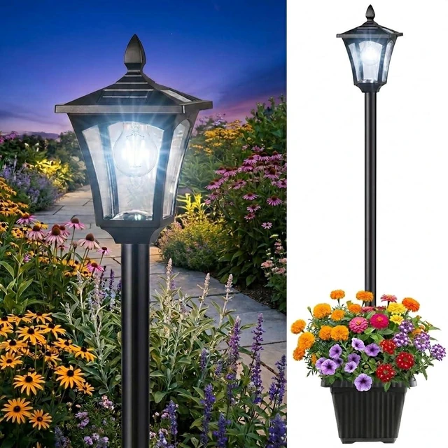 Main image of 76" Solar Lamp Post Lights with Planter, Glass & Metal Street Light Outdoor Waterproof, 60 Lumens Dusk to Dawn Solar Pole Light for Garden, Yard, Driveway, Porch, Patio, Cool White