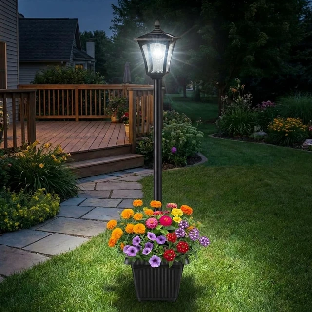 Alt view image 3 of 7 - 76" Solar Lamp Post Lights with Planter, Glass & Metal Street Light Outdoor Waterproof, 60 Lumens Dusk to Dawn Solar Pole Light for Garden, Yard, Driveway, Porch, Patio, Cool White