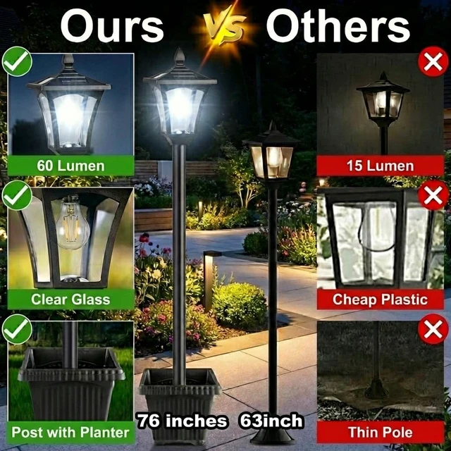 Alt view image 4 of 7 - 76" Solar Lamp Post Lights with Planter, Glass & Metal Street Light Outdoor Waterproof, 60 Lumens Dusk to Dawn Solar Pole Light for Garden, Yard, Driveway, Porch, Patio, Cool White