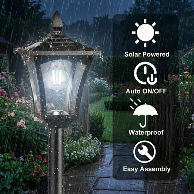 Alt view image 5 of 7 - 76" Solar Lamp Post Lights with Planter, Glass & Metal Street Light Outdoor Waterproof, 60 Lumens Dusk to Dawn Solar Pole Light for Garden, Yard, Driveway, Porch, Patio, Cool White