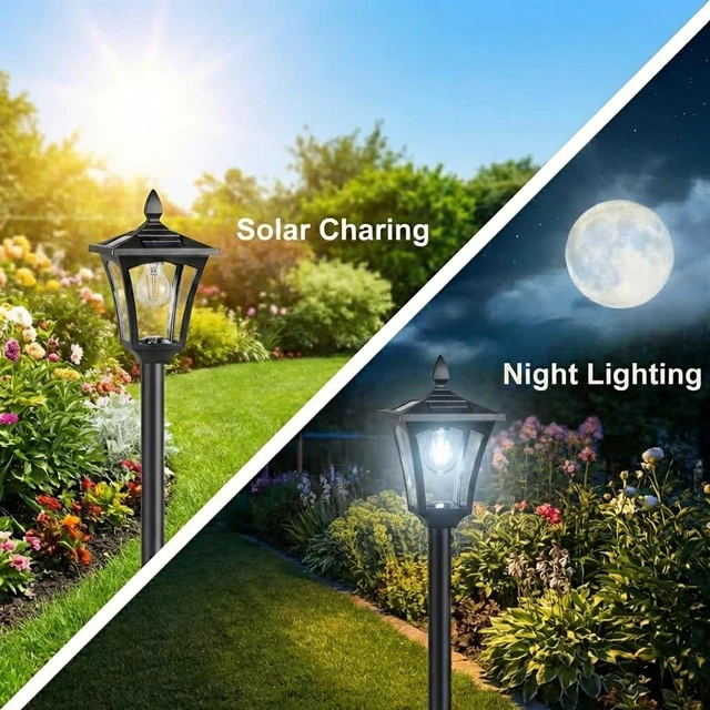 Alt view image 6 of 7 - 76" Solar Lamp Post Lights with Planter, Glass & Metal Street Light Outdoor Waterproof, 60 Lumens Dusk to Dawn Solar Pole Light for Garden, Yard, Driveway, Porch, Patio, Cool White