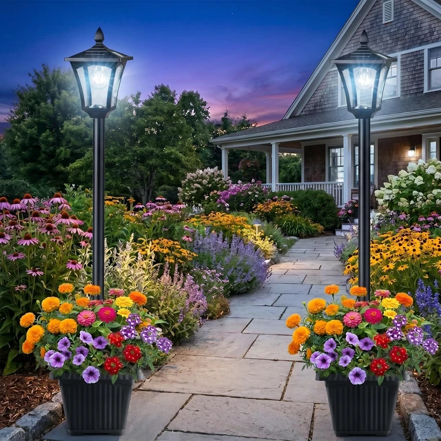 Alt view image 7 of 7 - 76" Solar Lamp Post Lights with Planter, Glass & Metal Street Light Outdoor Waterproof, 60 Lumens Dusk to Dawn Solar Pole Light for Garden, Yard, Driveway, Porch, Patio, Cool White