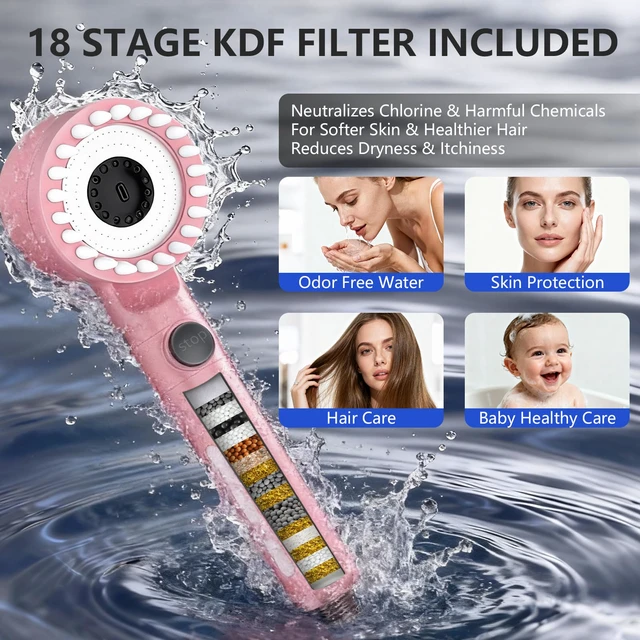Alt view image 3 of 6 - Filtered Shower Head with Handheld, High Pressure Water Flow and Multiple Spray Modes Shower Head with Filter, Power Wash for Hard Water, Showerhead with ON/OFF Switch for Pets Bath (Pink)