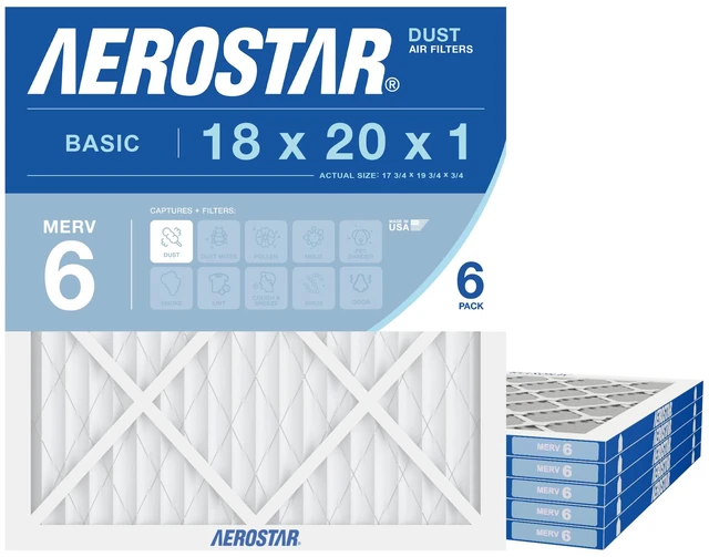 Main image of 18x20x1 MERV 6 Pleated Air Filter, AC Furnace Air Filter, 6 Pack (Actual Size: 17 3/4"x 19 3/4" x 3/4")