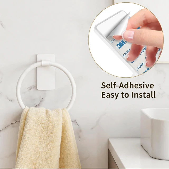 Alt view image 2 of 6 - Hand Towel Holder Adhesive, Round Towel Ring for Bathroom RV, White for Bath RV Kitchen, Self Adhesive Wall Mounted, No-Drill Stick On Renter Friendly