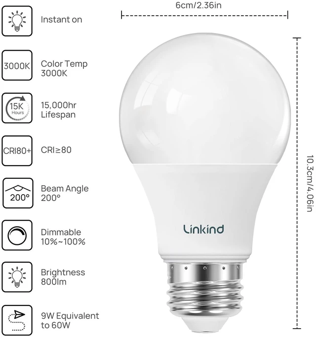 Alt view image 2 of 7 - A19 LED Light Bulbs Dimmable, 60W Equivalent, Energy Efficient 9W, 3000K Warm White, 800 Lumens, E26 Standard Base, 120V, Lighting for Bedroom Living Room Home Office, 6 Packs