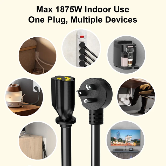 Alt view image 4 of 7 - 14 Gauge 10 FT Black Flat Plug Extension Cord, Indoor Low Profile Flat Plug, Heavy Duty 3 Prong Grounded, Flexible SJTW, 15A 1875W 125V, ETL Listed, Home/Workshop/Outdoor