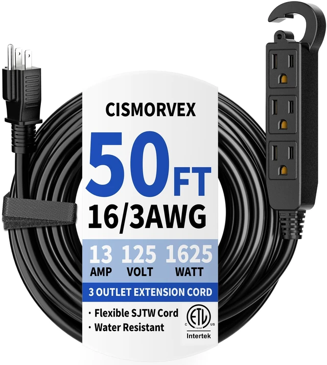 Main image of 50Ft 3 Prong Multiple Outlets Outdoor Extension Cord, Black Waterproof Grounded 3 outlet Extension Cord, 16/3 AWG Power Strip for Garden Patio Camping, 13A 125V 1625W, ETL Listed