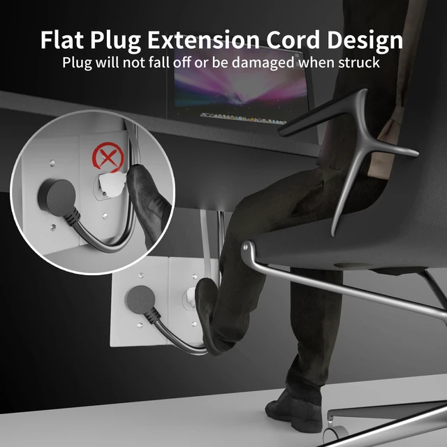 Alt view image 7 of 7 - 14 Gauge 10 FT Black Flat Plug Extension Cord, Indoor Low Profile Flat Plug, Heavy Duty 3 Prong Grounded, Flexible SJTW, 15A 1875W 125V, ETL Listed, Home/Workshop/Outdoor