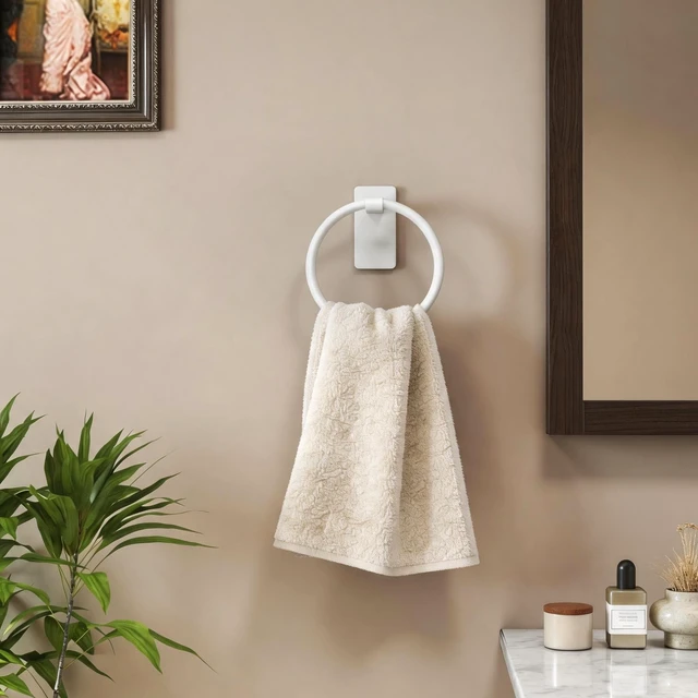 Alt view image 5 of 6 - Hand Towel Holder Adhesive, Round Towel Ring for Bathroom RV, White for Bath RV Kitchen, Self Adhesive Wall Mounted, No-Drill Stick On Renter Friendly