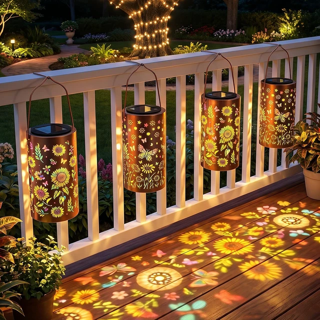 Alt view image 2 of 7 - 2Pack Colorful Solar Lanterns Outdoor Waterproof, Garden Decor Gifts for Women Mom Grandma - LED Sunflower and Butterfly Solar Powered Lights Metal Hanging Lantern for Outside Garden Patio Yard Porch