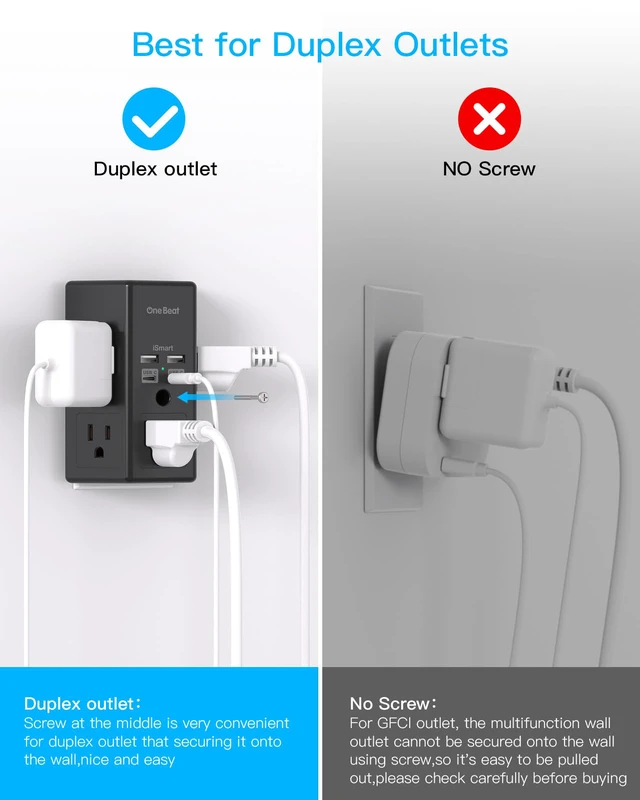 Alt view image 3 of 7 - Surge Protector Wall Outlet Extender, 5 Outlets & 4 USB Ports(20W USB-C PD) 1680J, 3-Sided Multi Plug Outlet Adapter, Outlet Splitter, Wall Mount, ETL Listed for Home Office Travel-Black