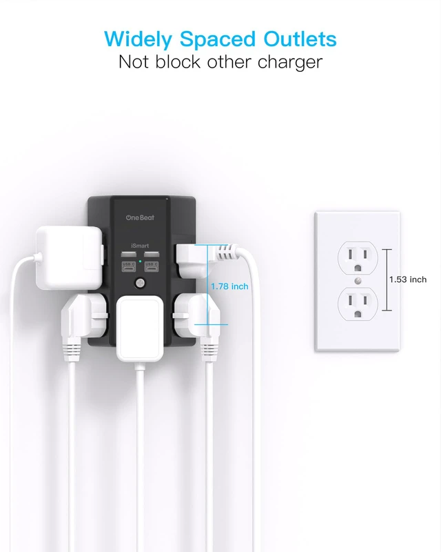 Alt view image 7 of 7 - Surge Protector Wall Outlet Extender, 5 Outlets & 4 USB Ports(20W USB-C PD) 1680J, 3-Sided Multi Plug Outlet Adapter, Outlet Splitter, Wall Mount, ETL Listed for Home Office Travel-Black