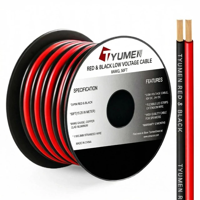 Main image of 8 Gauge Wire 50FT, 8AWG Red Black Electrical Wire LED Strips Extension Cord 12V/24V DC Cable, 8 AWG 2 Conductors Flexible Low Voltage Wire for in-Home, Autos, Speaker use