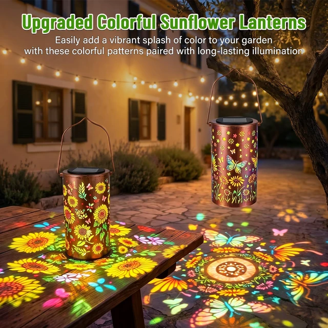 Alt view image 3 of 7 - 2Pack Colorful Solar Lanterns Outdoor Waterproof, Garden Decor Gifts for Women Mom Grandma - LED Sunflower and Butterfly Solar Powered Lights Metal Hanging Lantern for Outside Garden Patio Yard Porch