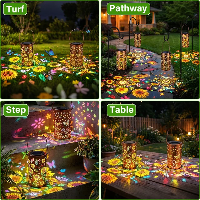 Alt view image 4 of 7 - 2Pack Colorful Solar Lanterns Outdoor Waterproof, Garden Decor Gifts for Women Mom Grandma - LED Sunflower and Butterfly Solar Powered Lights Metal Hanging Lantern for Outside Garden Patio Yard Porch