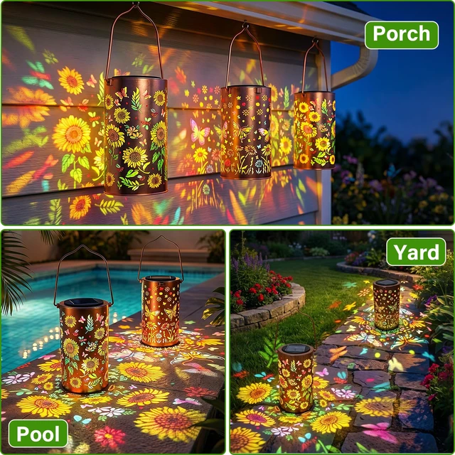 Alt view image 5 of 7 - 2Pack Colorful Solar Lanterns Outdoor Waterproof, Garden Decor Gifts for Women Mom Grandma - LED Sunflower and Butterfly Solar Powered Lights Metal Hanging Lantern for Outside Garden Patio Yard Porch