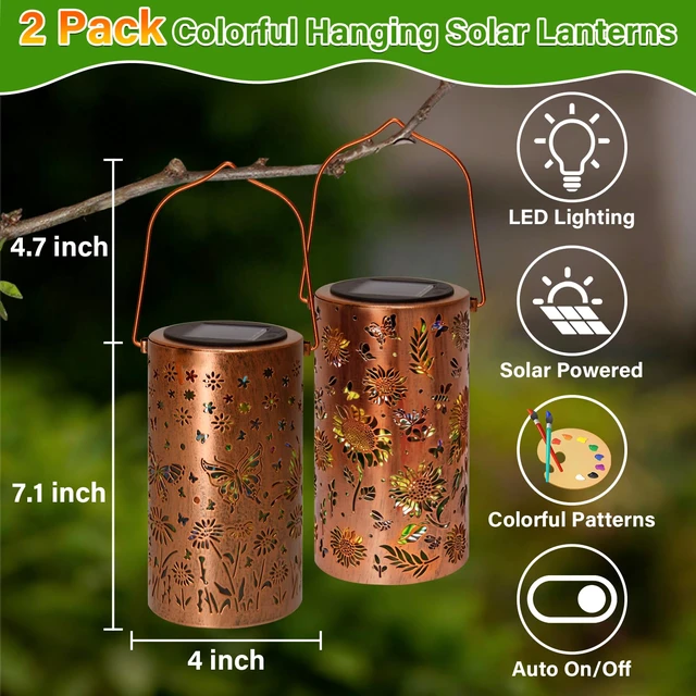 Alt view image 6 of 7 - 2Pack Colorful Solar Lanterns Outdoor Waterproof, Garden Decor Gifts for Women Mom Grandma - LED Sunflower and Butterfly Solar Powered Lights Metal Hanging Lantern for Outside Garden Patio Yard Porch