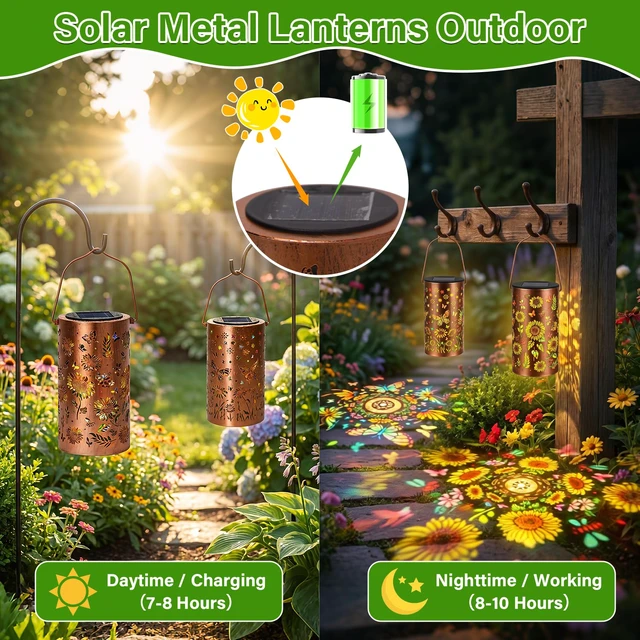Alt view image 7 of 7 - 2Pack Colorful Solar Lanterns Outdoor Waterproof, Garden Decor Gifts for Women Mom Grandma - LED Sunflower and Butterfly Solar Powered Lights Metal Hanging Lantern for Outside Garden Patio Yard Porch
