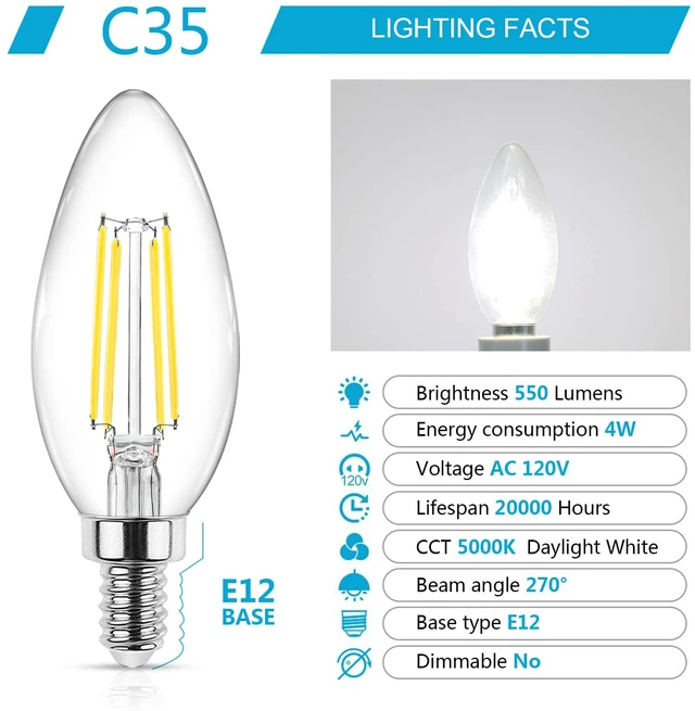 Alt view image 2 of 7 - E12 Candelabra LED Light Bulbs 60 Watt Equivalent, Daylight White 5000K, Non-Dimmable, 550 Lumen, Clear LED Filament Candle Bulbs, Pack of 10