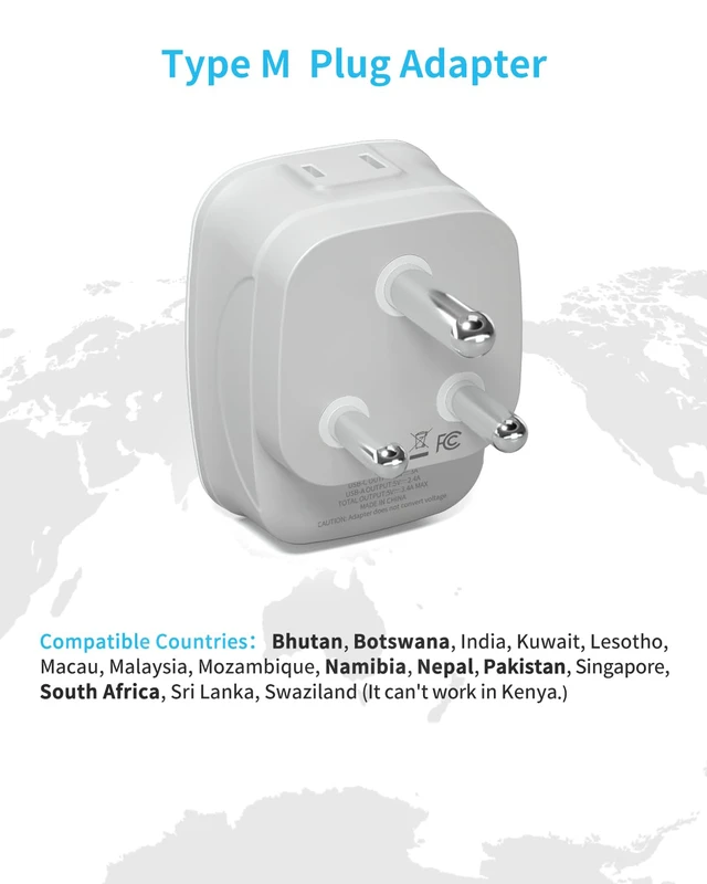 Alt view image 2 of 6 - South Africa Plug Adapter, 2 Pack Type M Plug Adapter with USB C 6 in 1 with 2 Outlets 4 USB, Fast Charge, Travel Converter for US to Botswana Namibia Nepal