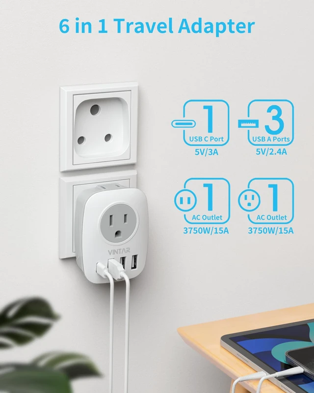 Alt view image 3 of 6 - South Africa Plug Adapter, 2 Pack Type M Plug Adapter with USB C 6 in 1 with 2 Outlets 4 USB, Fast Charge, Travel Converter for US to Botswana Namibia Nepal